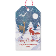 北欧モダン冬の雪の夜のキツネ鹿の鳥