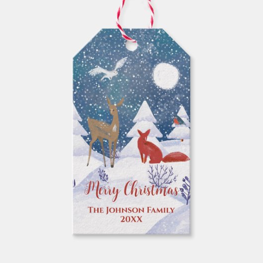 北欧モダン冬の雪の夜のキツネ鹿の鳥 ギフトタグ (正面)