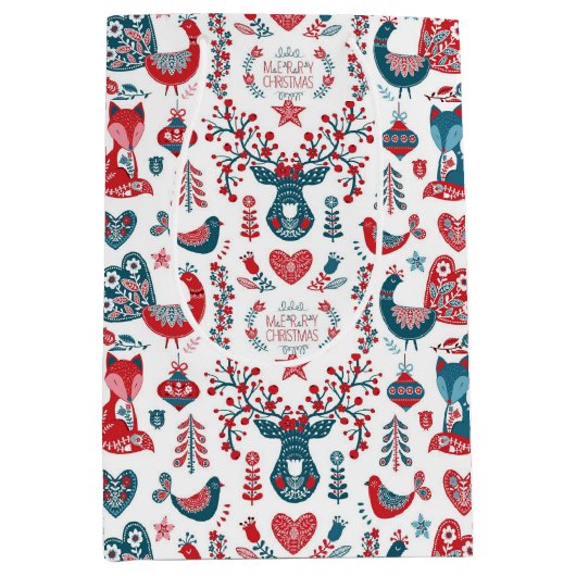 北欧レッドネイビークリスマススススススカンジナビアフォークアート ミディアムペーパーバッグ (正面)