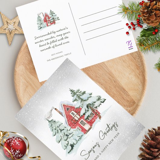 北欧レッドバーンスノーフレークスパインフォレストクリスマス シーズンポストカード