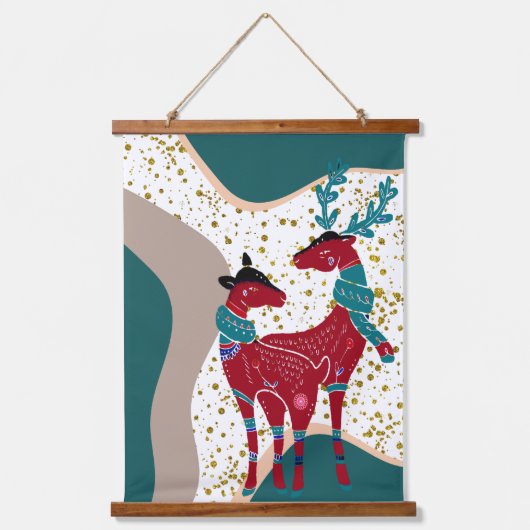 北欧動物鹿カップルクマ金ゴールドハイルBoho Art 吊り下げ型タペストリー (正面)