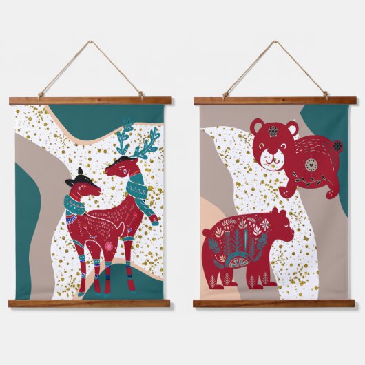 北欧動物鹿カップルクマ金ゴールドハイルBoho Art 吊り下げ型タペストリー (ダブル)