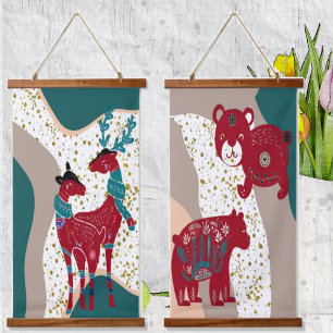 北欧動物鹿カップルクマ金ゴールドハイルBoho Art 吊り下げ型タペストリー