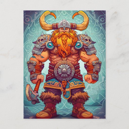 北欧神話の漫画スタイルのバイキング戦士 ポストカード (正面)