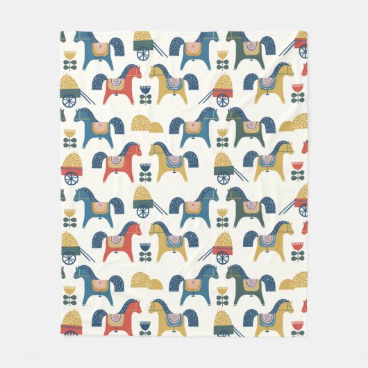 北欧美術インスパイアの馬柄。 フリースブランケット (正面)