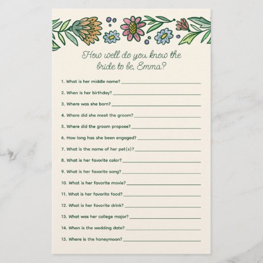 北欧芸術的フローラブライダルシャワーゲーム 便箋 (正面)