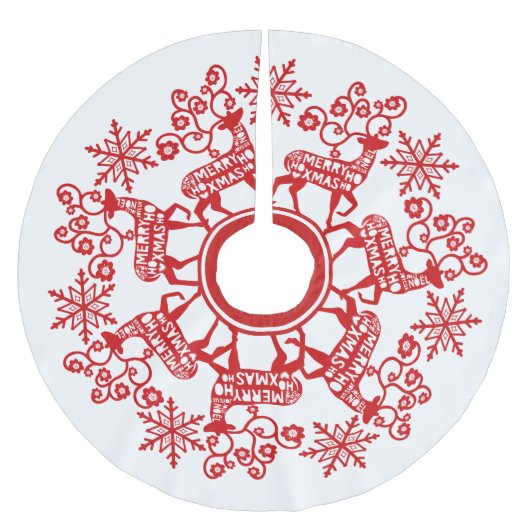 北欧赤トナカイと雪片クリスマス ブラッシュドポリエステルツリースカート (正面)