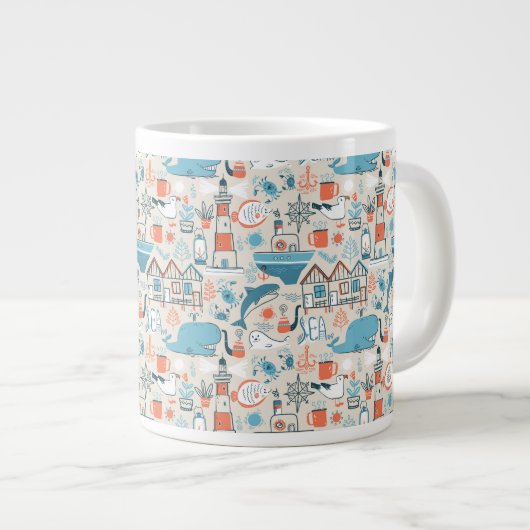 北海のかわいいドードル模様 ジャンボコーヒーマグカップ (正面右)