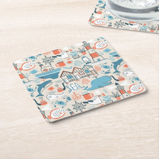 北海のかわいい落書きパターン スクエアペーパーコースター (アングル)