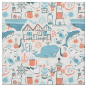 北海のかわいい落書きパターン ファブリック (クローズアップ)