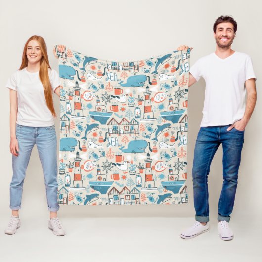 北海のかわいい落書きパターン フリースブランケット (インサイチュ)