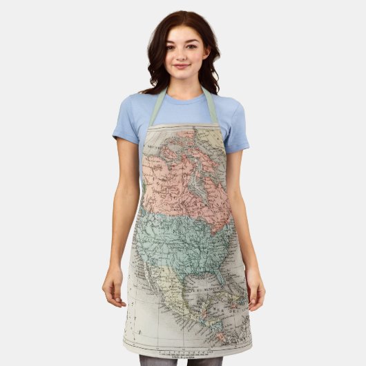 北米アンティークの地図 エプロン (着用した状態)