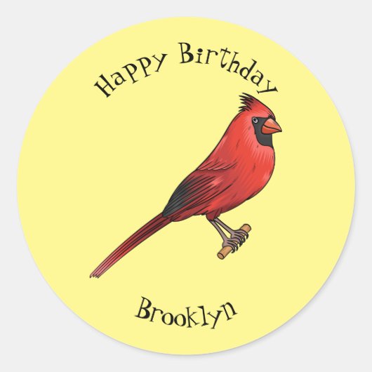 北（鳥）ショウジョウコウカンチョウ鳥の漫画イラストレーション ラウンドシール (正面)