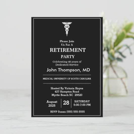 医エレガント師の退職パーティーの白黒 招待状 (スタンド正面)