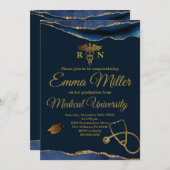 医大ネイビーブルー金ゴールド卒業 招待状 (正面/裏面)