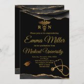 医大ブラック&金ゴールド卒業 招待状 (正面/裏面)