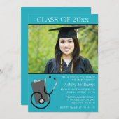 医学の看護専門学校のティール(緑がかった色)の写真の卒業 招待状 (正面/裏面)