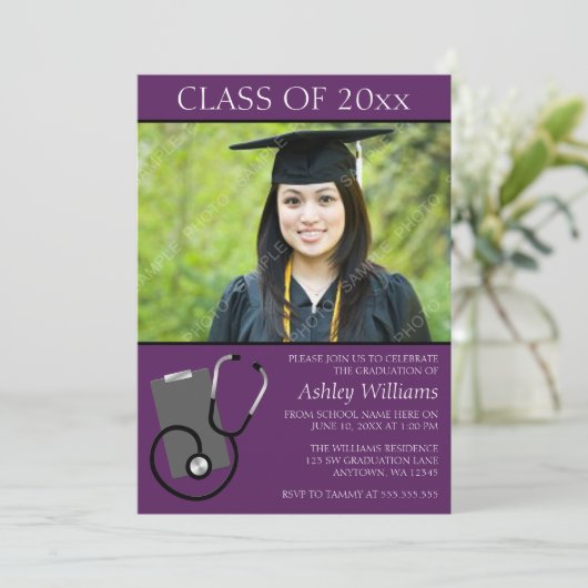 医学の看護専門学校の紫色の写真の卒業 招待状 (スタンド正面)