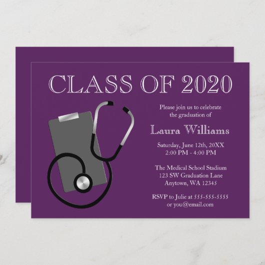 医学の看護専門学校の紫色の卒業 招待状 (正面/裏面)