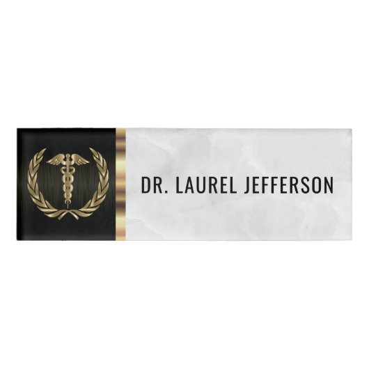医学の職員-白い大理石、黒及び金ゴールド 名札 (正面)