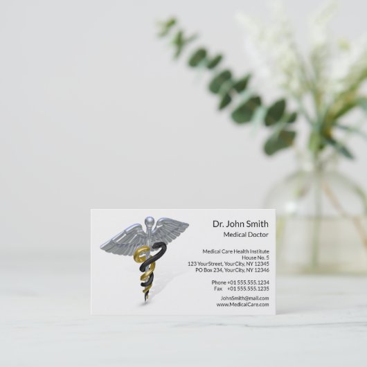 医学の銀製のケリュケイオンの黒の金の名刺 名刺 (スタンド正面)