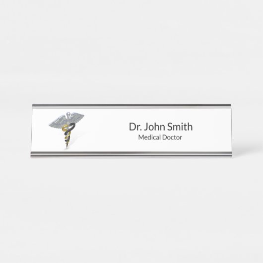 医学の銀製のケリュケイオンの黒の金ゴールドの机の名札 デスクネームプレート (正面)