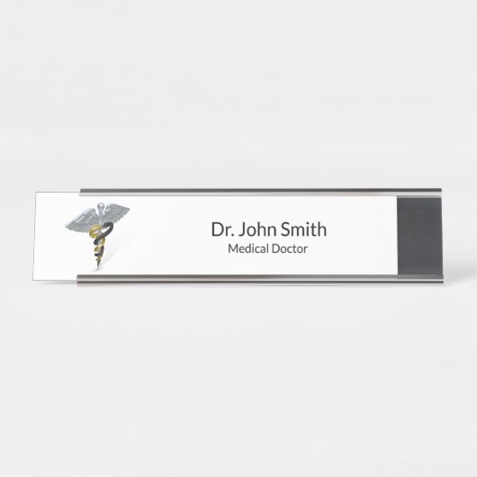 医学の銀製のケリュケイオンの黒の金ゴールドの机の名札 デスクネームプレート (正面)