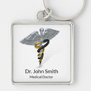 医学の銀製のケリュケイオンの黒金のKeychain キーホルダー