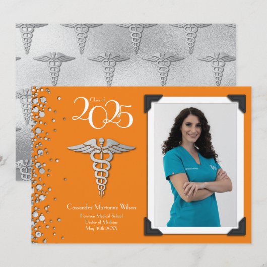 医学博士卒業発表オレンジ 招待状 (正面/裏面)