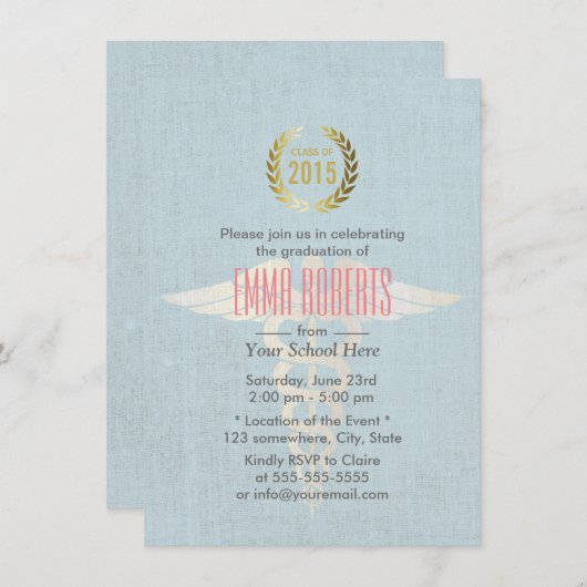 医学及び看護専門学校の青いリネン卒業 招待状 (正面/裏面)