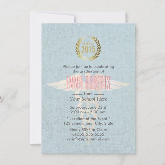 医学及び看護専門学校の青いリネン卒業 招待状 (正面)