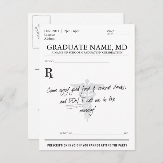 医学生の卒業用処方パッド招待状 インビテーションポストカード (正面/裏面)