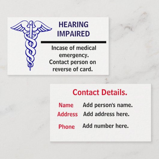 医学的な緊急事態カード 名刺 (正面/裏面)