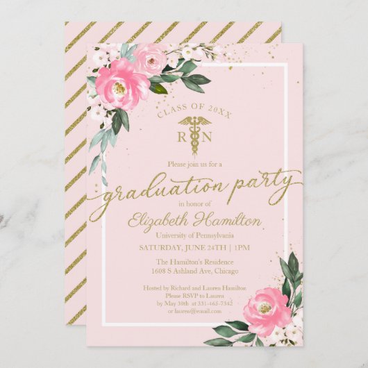 医学看護学校グラッドパーティーピンクフローラインビ 招待状 (正面/裏面)