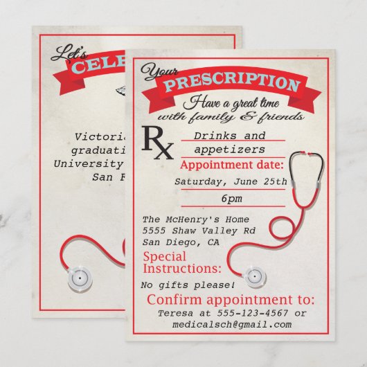 医学部卒業式処方箋招待状 招待状 (正面/裏面)