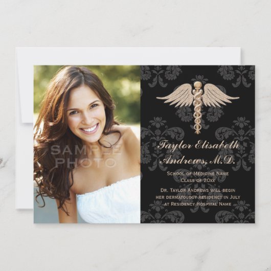 医学部卒業発表（黒）金ゴールド 招待状 (正面)