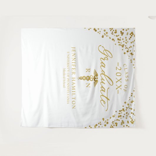 医学部白人卒業金ゴールド背景 タペストリー (正面(横))