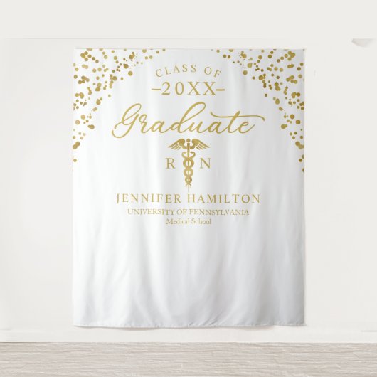 医学部白人卒業金ゴールド背景 タペストリー (正面)