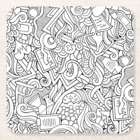 医学B&Wパターン スクエアペーパーコースター (正面)