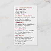 医学IDの緊急時カード 名刺 (裏面)