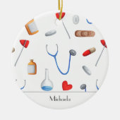 医師とナース医療機器パターンクリスマス セラミックオーナメント (正面)