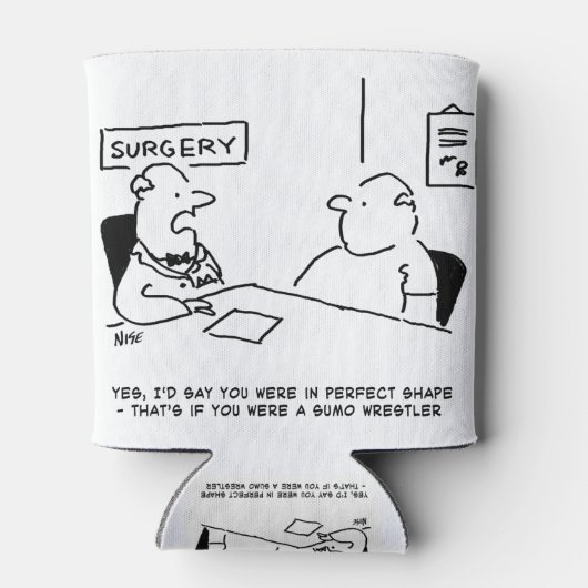 医師と患者の太り過ぎ肥満相撲の漫画 缶クーラー (裏面)