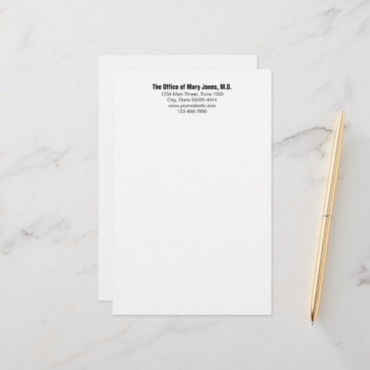 医師のオフィス 黒と白の電話番号と住所 便箋 (正面/裏面インサイチュ)