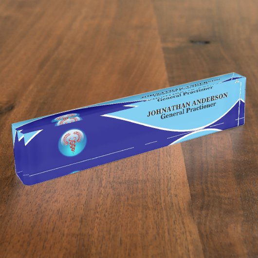 医師の医療用レッド·カデュース·ネイビー·ホワイト デスクネームプレート (側面)