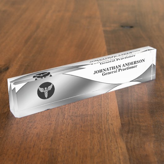 医師の医療用銀色のカデュース（黒） デスクネームプレート (側面)