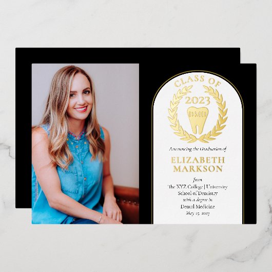 医師歯科医学写真卒業金ゴールド 箔招待状 (正面/裏面)