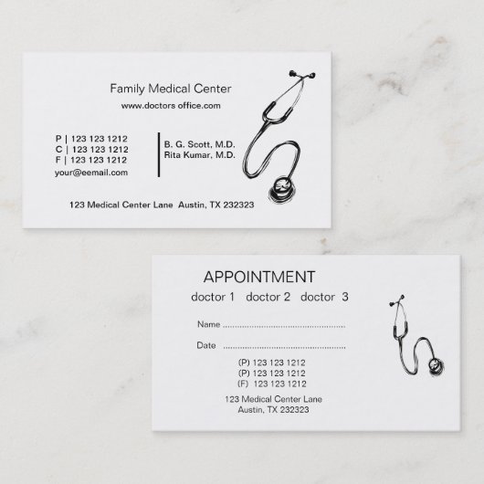 医師白黒医用スケッチ聴診器 予約カード (正面/裏面)