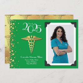 医師金ゴールド卒業発表グリーン 招待状