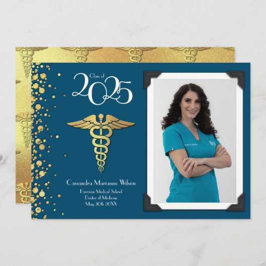 医師金ゴールド卒業発表ネイビーブルー 招待状 (正面/裏面)
