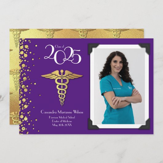 医師金ゴールド卒業発表パープル 招待状 (正面/裏面)